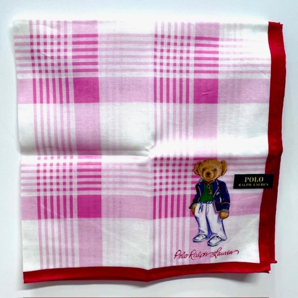 Polo Ralph Lauren Handkerchief /Mini Scarf 19" pink white check with bear(84) - Picture 9 of 14